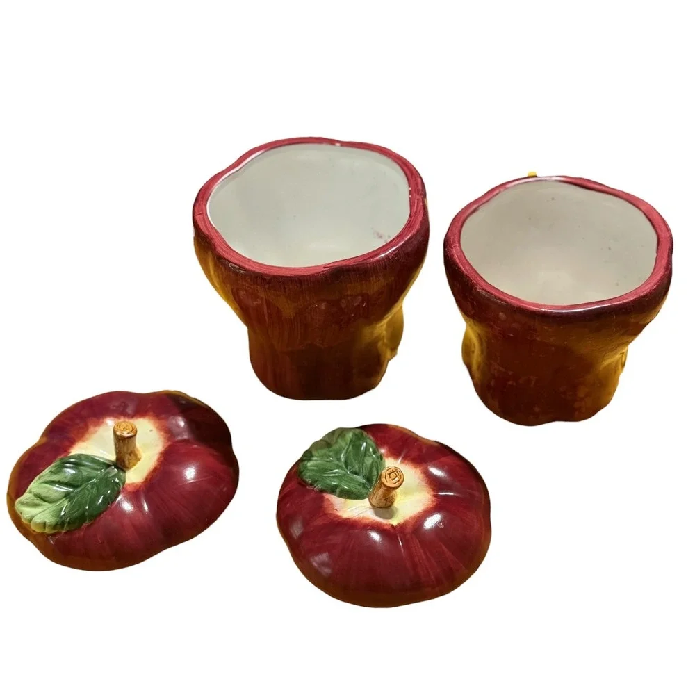 KMC Ceramic Apple Canisters Set of 2 Red Hand Painted Kitchen Storage Jars 7in